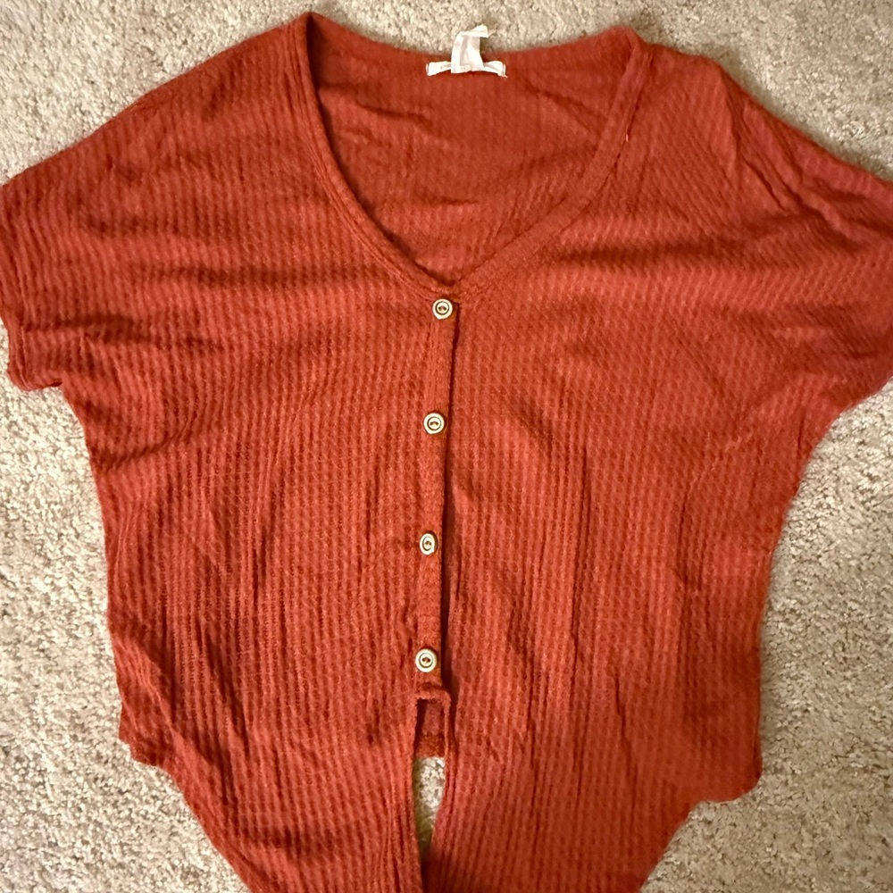 Caution To The Wind Brown Button Down Ribbed Top